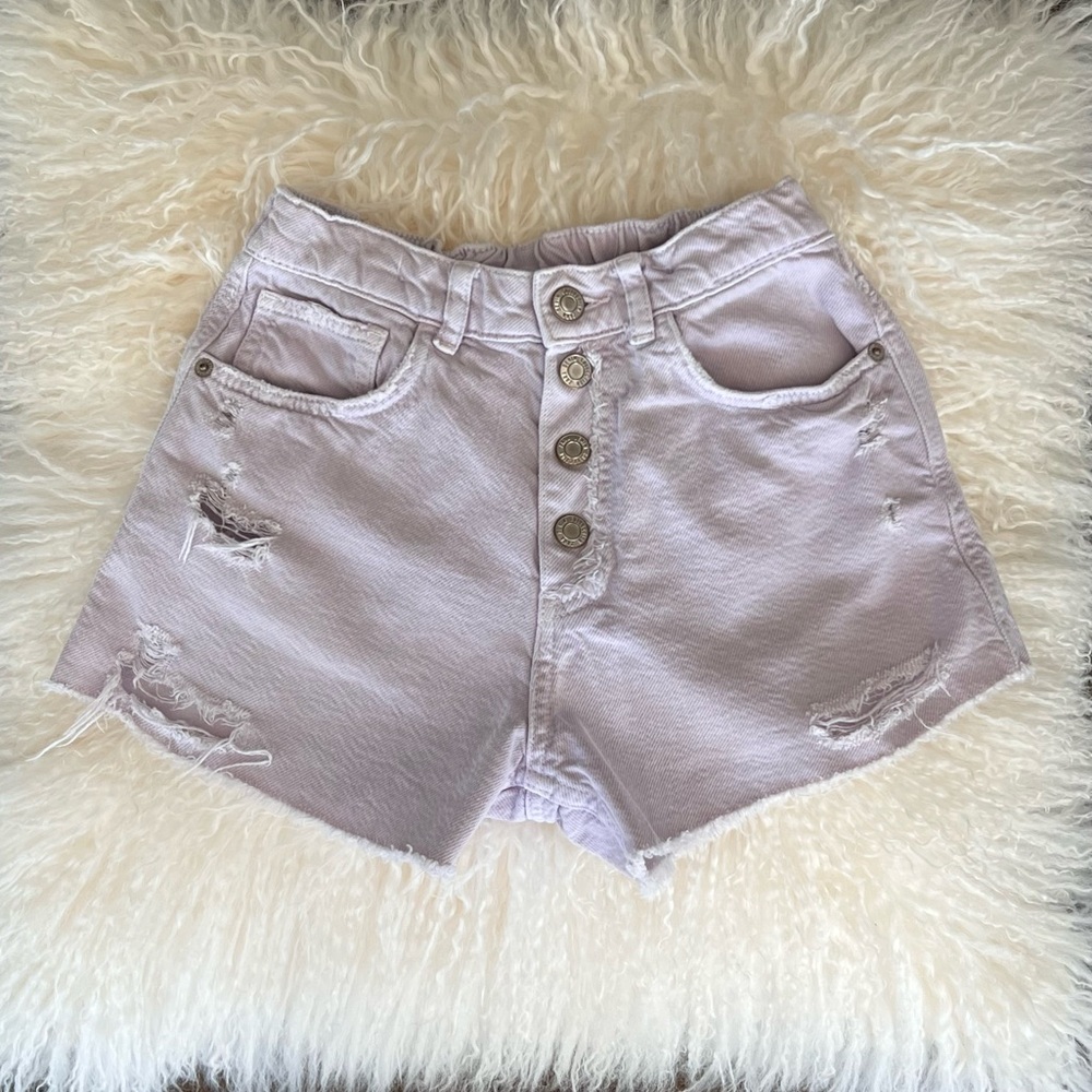Zara Girls Pastel Purple Denim Shorts Distressed Snap Button Front Sz 9/10 - Picture 11 of 16